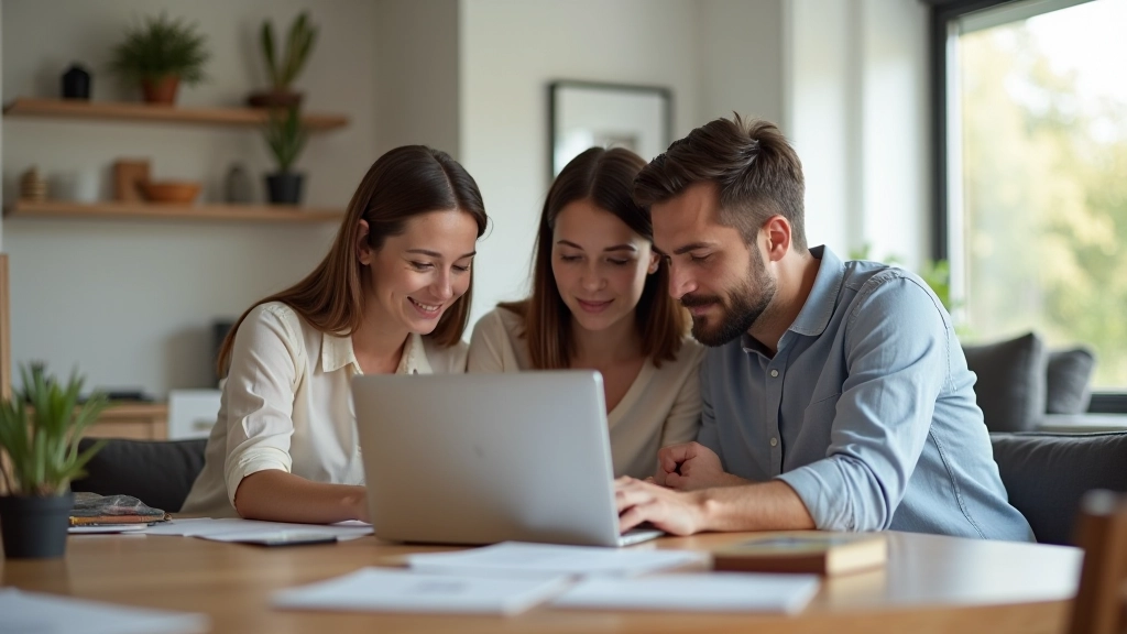 Rodina sedí u stolu s notebookem, diskutují o financích, tři lidé pohromadě, denní světlo z okna, přátelská atmosféra