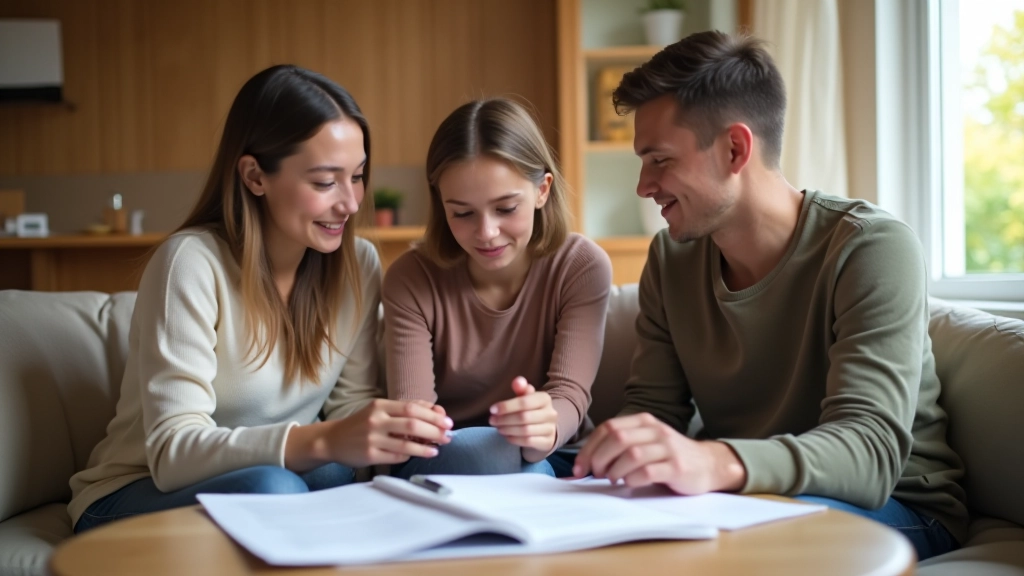 Rodina sedí v obývacím pokoji a diskutuje o financích u notebooku