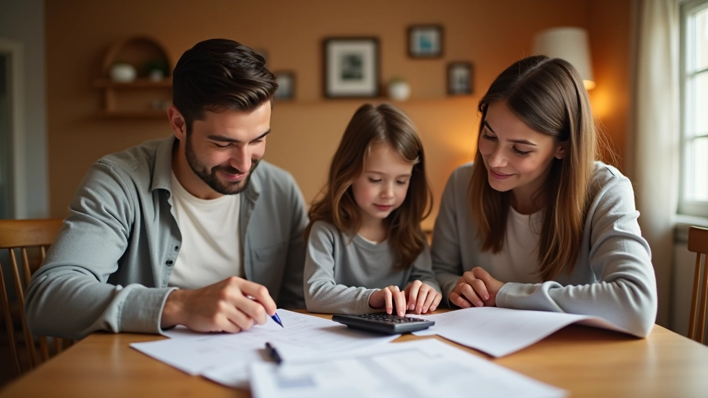 Rodina sedí u stolu a plánuje měsíční rozpočet s poznámkami a kalkulačkou