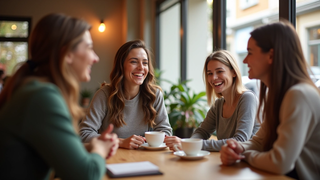 Skupina přátel se setkává v kavárně, chatují a usmívají se, relaxační chvíle