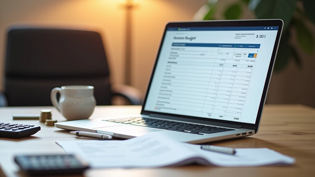 Tabulka v notebooku s organizovaným rozpočtem, peníze a tužka vedle