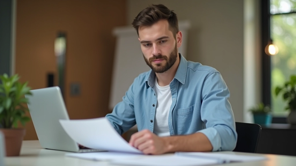 Muž v kanceláři sedí u stolu s notebookem a papírovými výkazy, teplé přirozené osvětlení, pohled ze strany