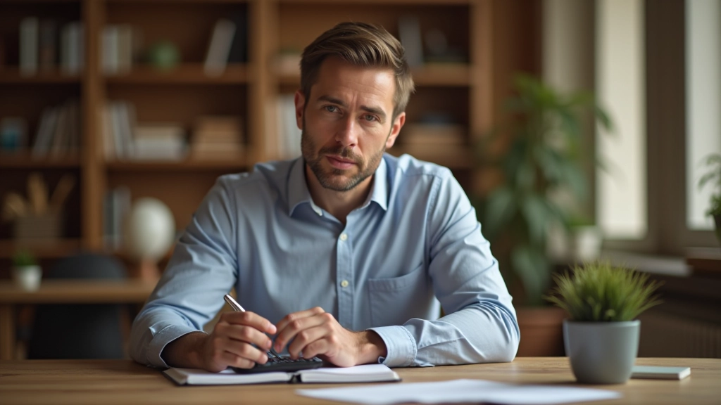 Muž sedí u stolu s notebookem a kalkulačkou, plánuje rodinný rozpočet