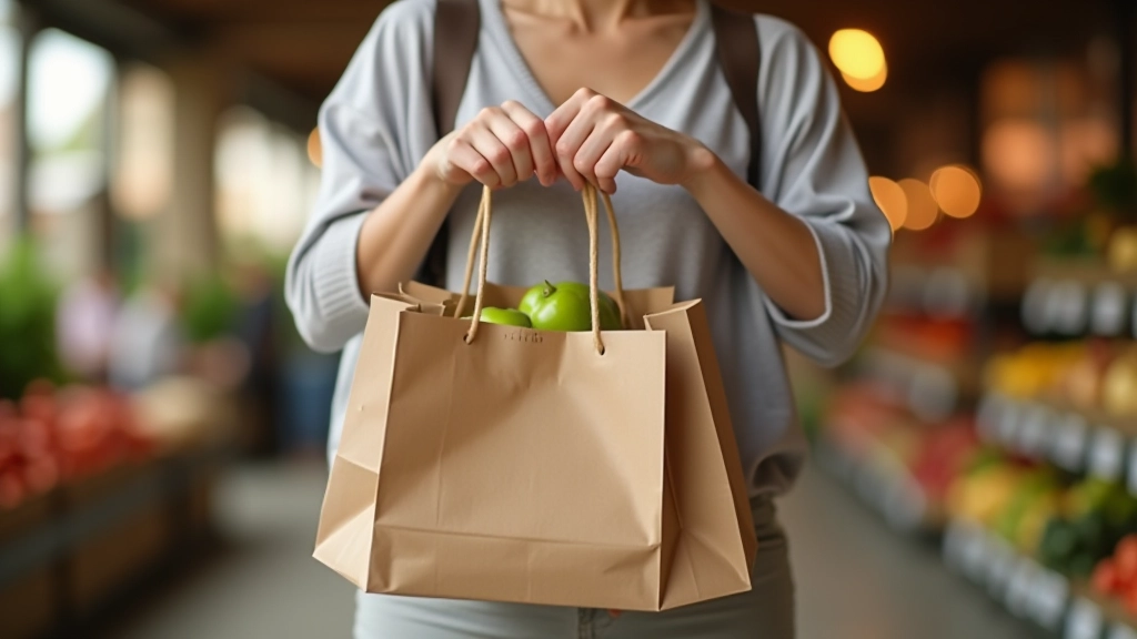 Osoba drží nákupní tašky u supermarketu, běžný nákup potravin a potřeb