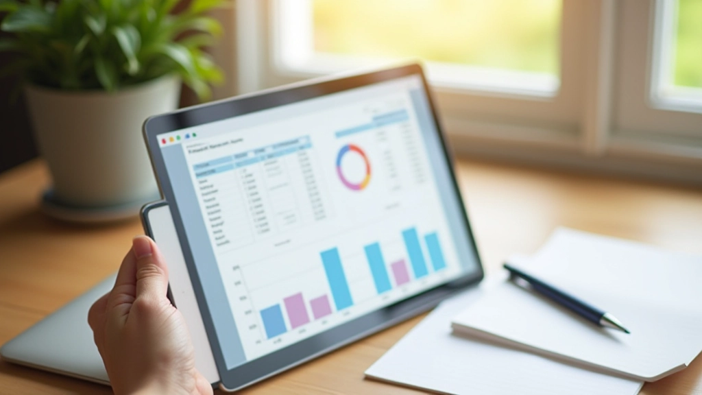 Tablet s grafem měsíčních výdajů, leží na stole vedle poznámek