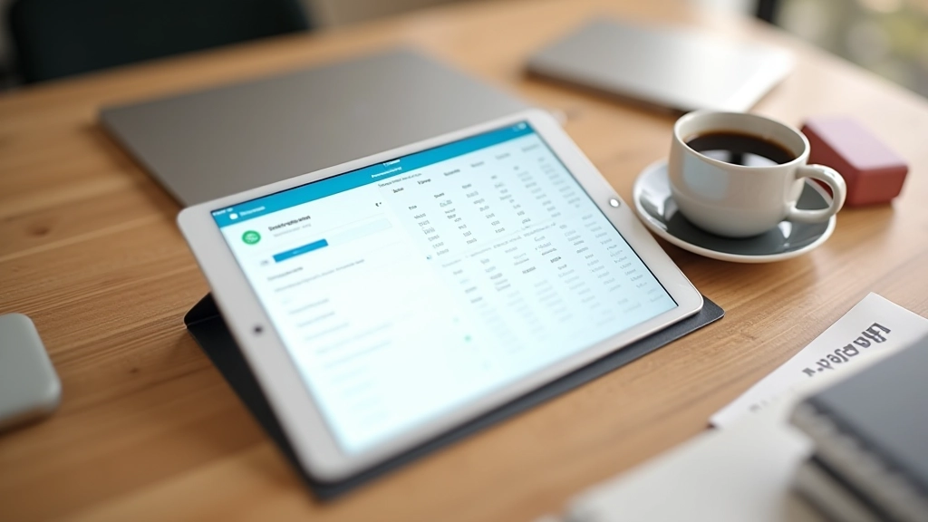 Tablet s aplikací pro správu financí otevřený na stole, ukazující graf příjmů a výdajů