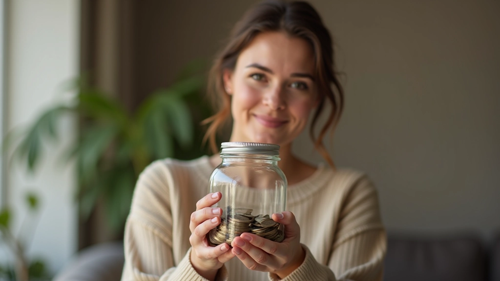 Žena si ukládá mince do sklenice, symbol spořeníí