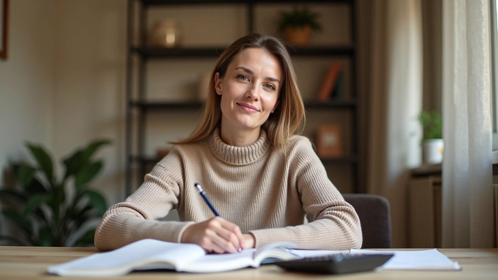 Žena sedí u psacího stolu, zapisuje si do tužky poznámky, papírový deník a kalkulačka vedle, domácí osvětlení