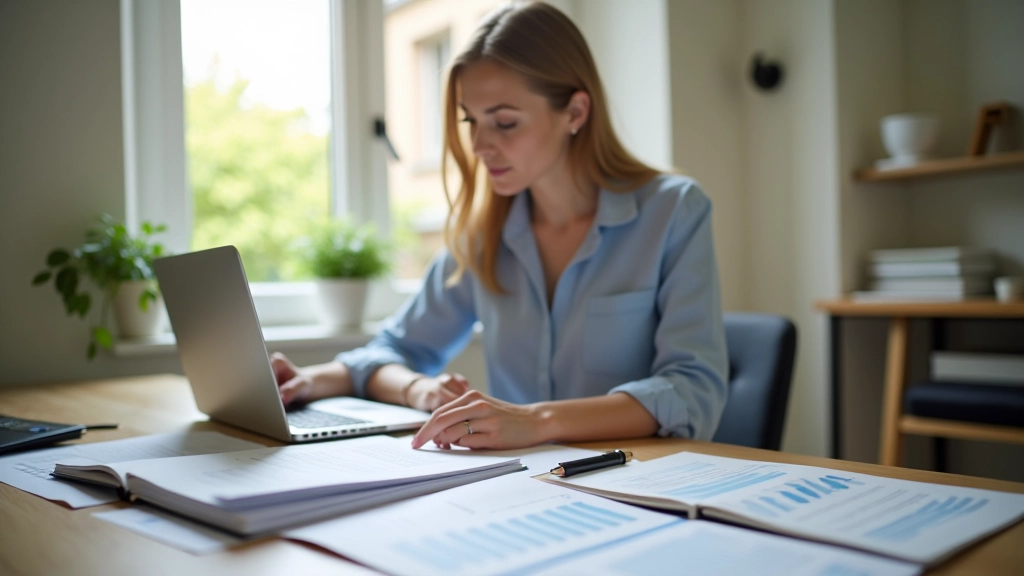 Žena pracuje na počítači s dokumenty o domácím rozpočtu a finančním plánování